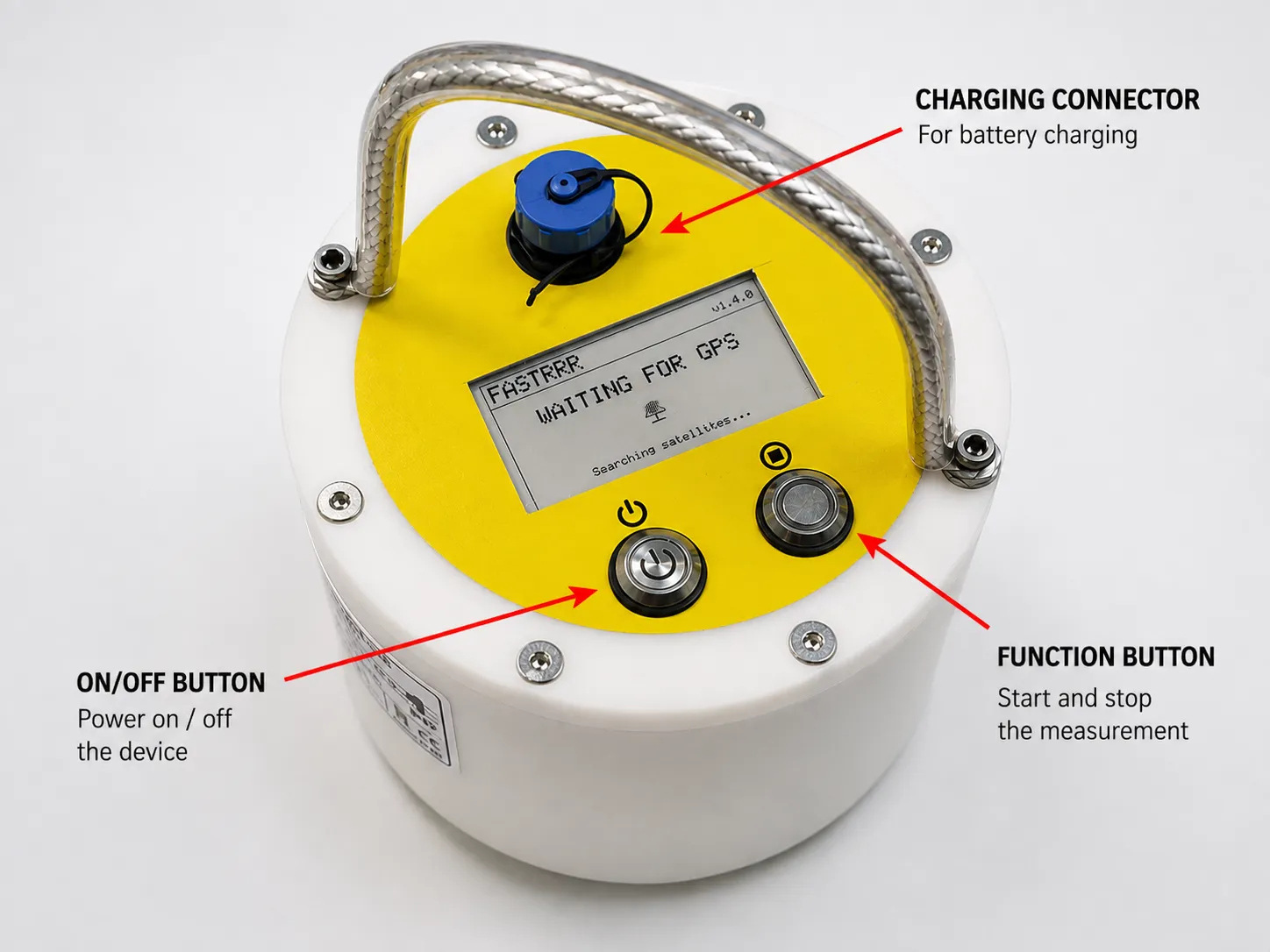 The buoy's top deck with the charging connector, on/off button and function button each labelled with an arrow.