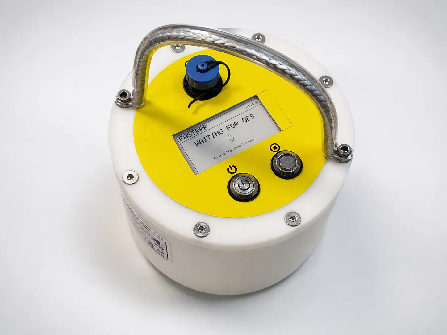 The DrifterBuoy CMU-30 unit on a plain background, showing its yellow top deck with display, buttons and charging connector.