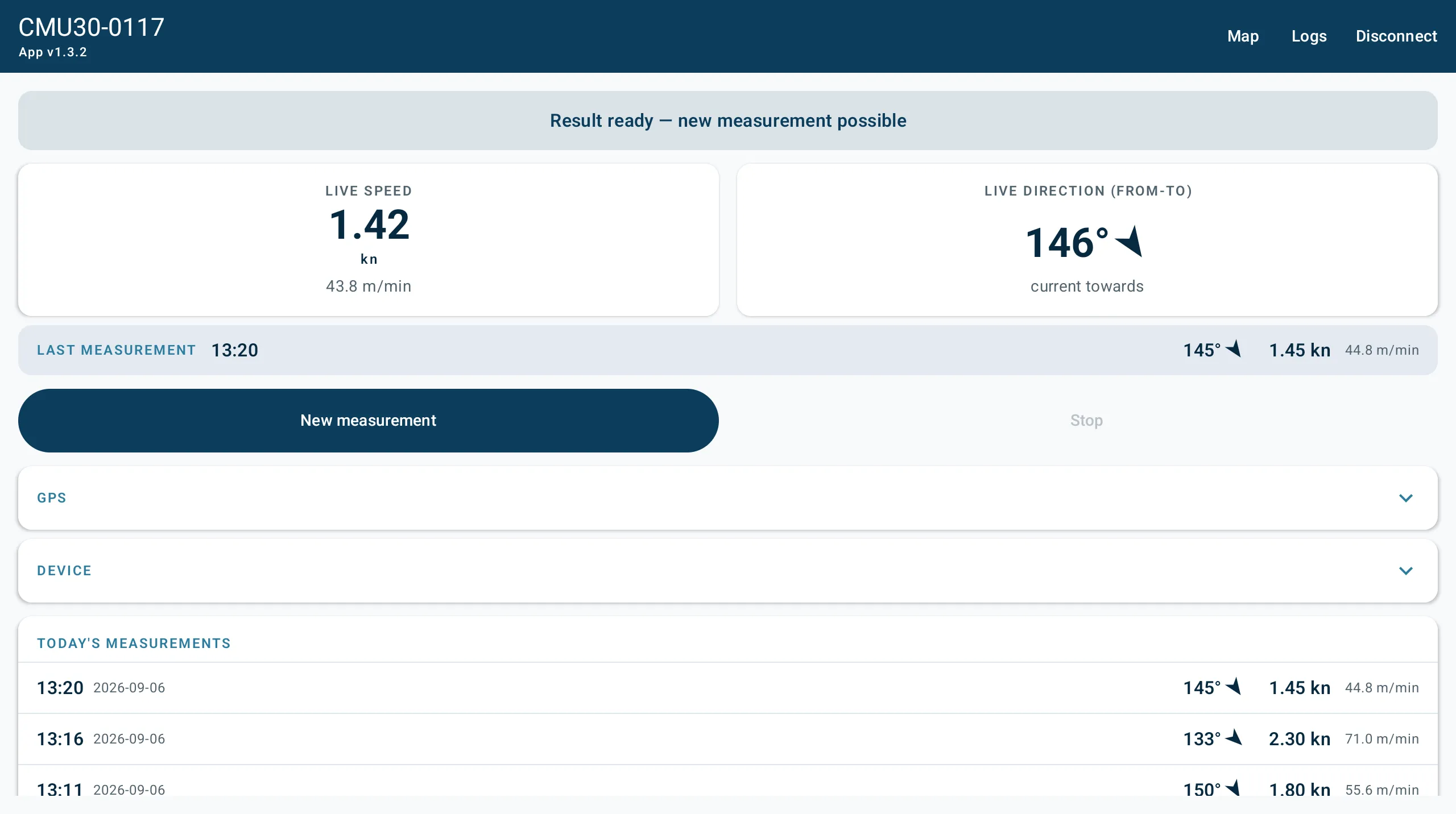 The app's Live screen, showing live speed of 1.42 knots, live direction of 146 degrees, the last measurement and the day's results.