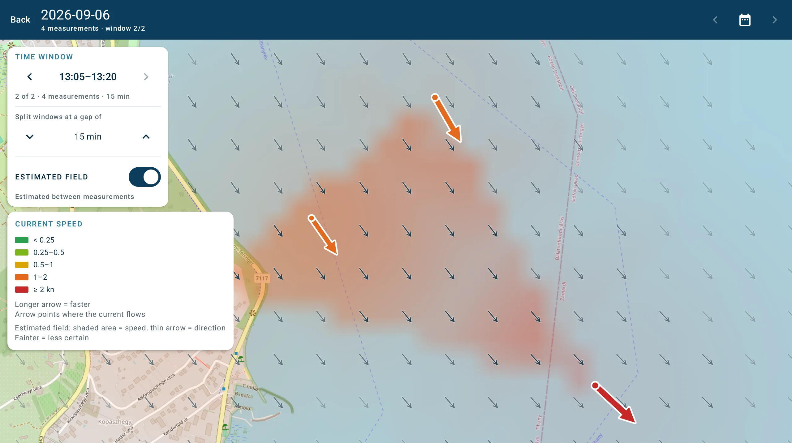 The map with the estimated field switched on: shaded areas showing estimated current speed and thin arrows showing direction, with the thick measured arrows drawn on top.